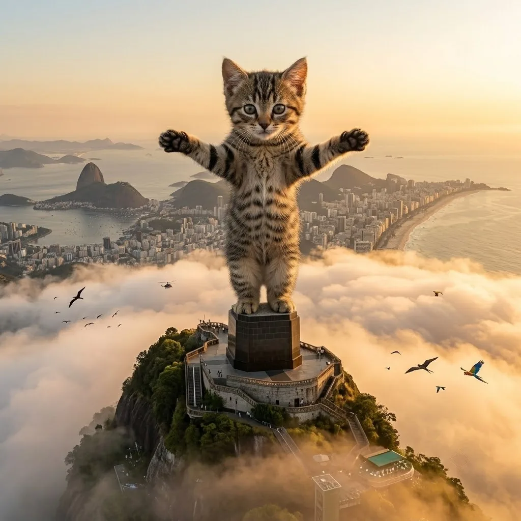 Cate as Christ the Redeemer above Rio
